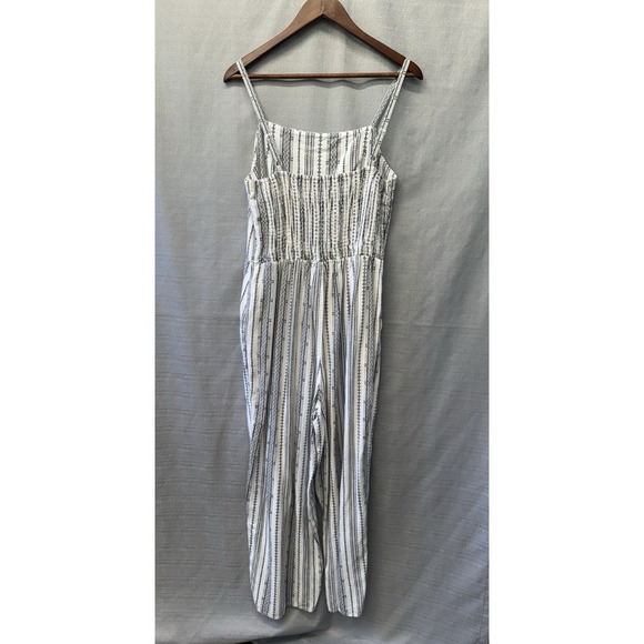 Old Navy Linen Cami Jumpsuit Womens Size L Tall White Stripe Smocked Beachy - Picture 3 of 9